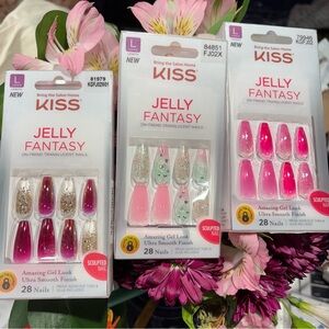 KISS Jelly Fantasy Pink Nail Set Pink Silver Glitter Rhienstones Bundle of 3